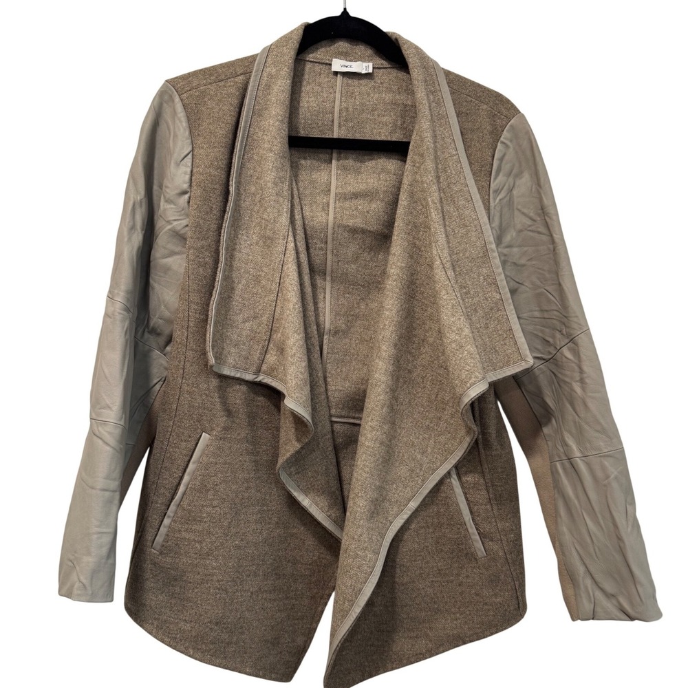 Vince. Womens Wool Blend Leather Sleeve Draped Open Front Jacket Taupe Large‎